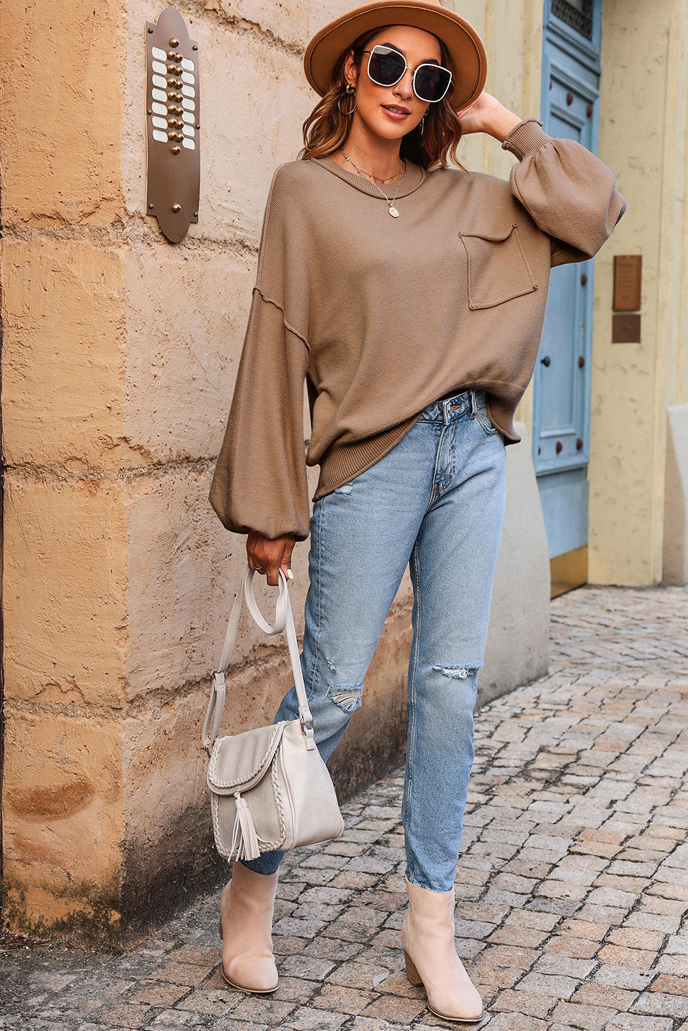 Apricot Raw Edge Patch Pocket Exposed Seam Loose Sweater-yoyobikini