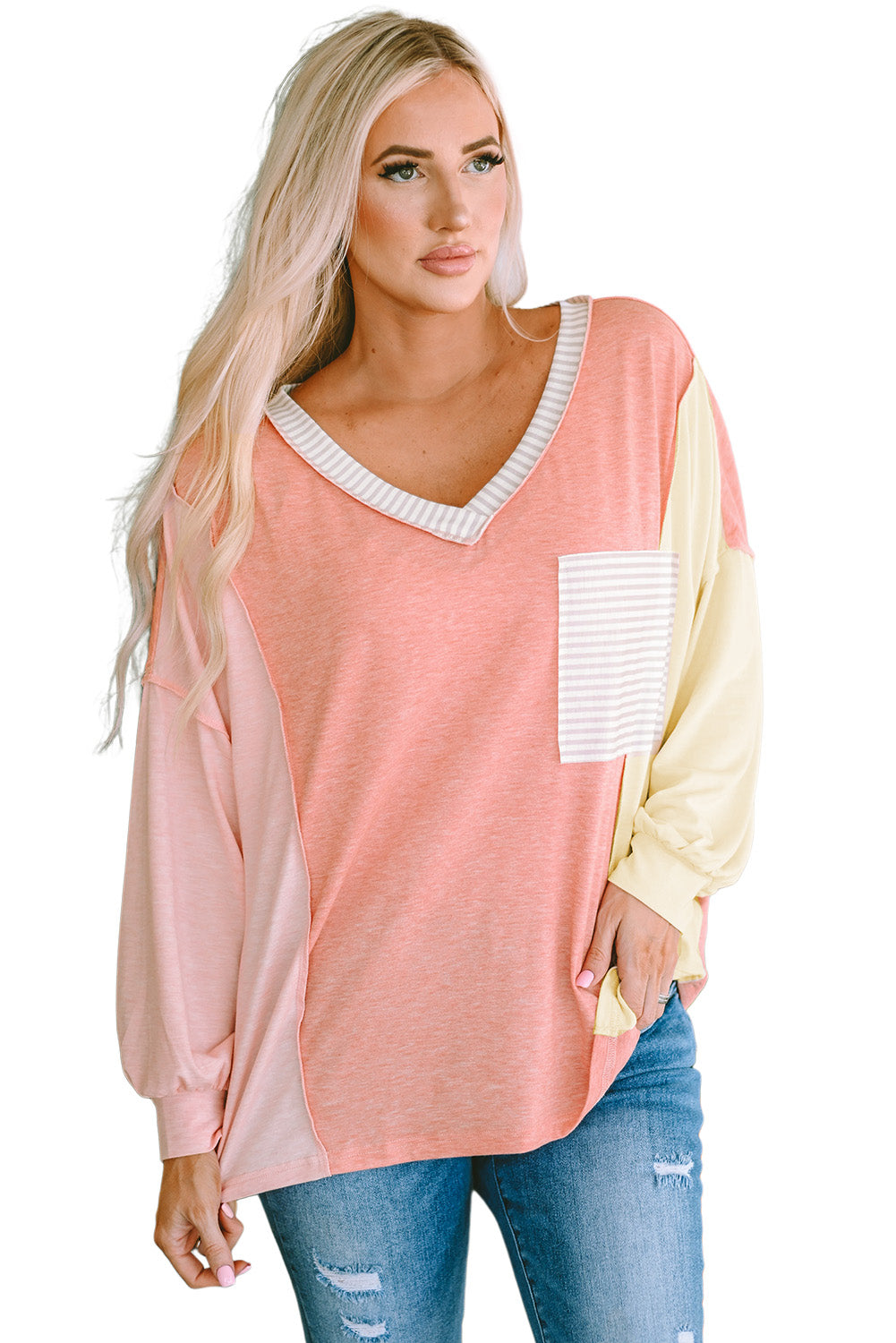 Striped Color Block Splicing Long Sleeve T Shirt-yoyobikini