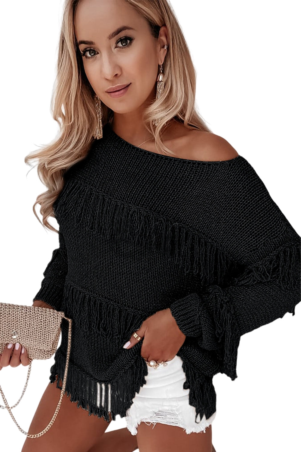 Black Boho Tasseled Knitted Sweater-yoyobikini