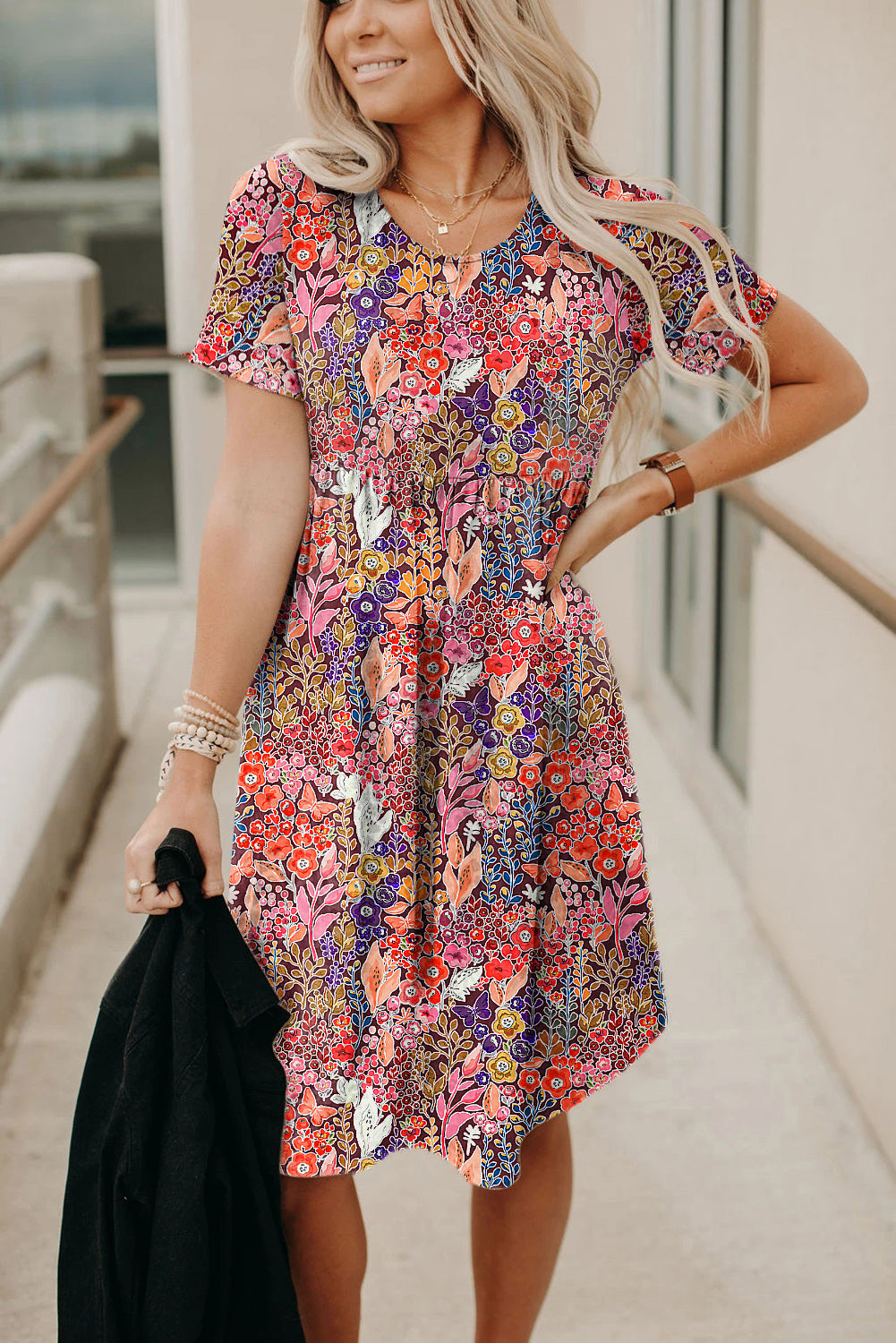 Floral Print Short Sleeve A-line Dress-yoyobikini