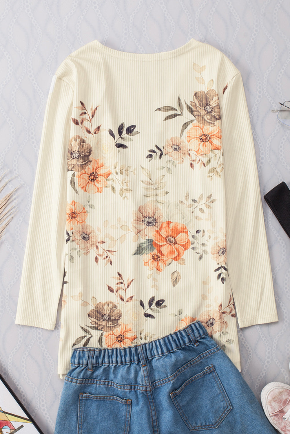 Apricot Floral Print Ribbed Knit Slim Fit Cardigan-yoyobikini