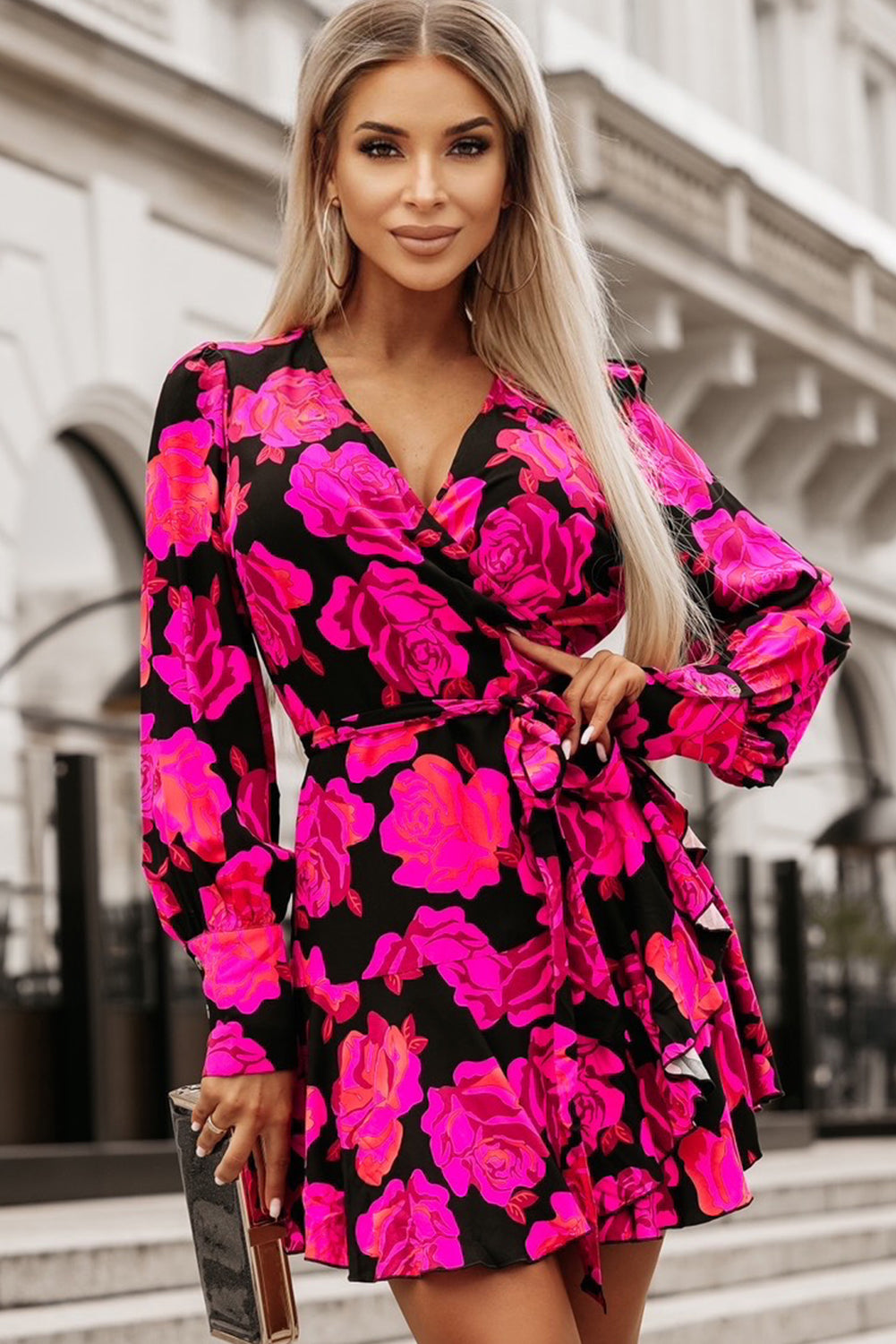 Rose Floral Print V Neck Wrap Bishop Sleeve Ruffle Tiered Mini Dress-yoyobikini