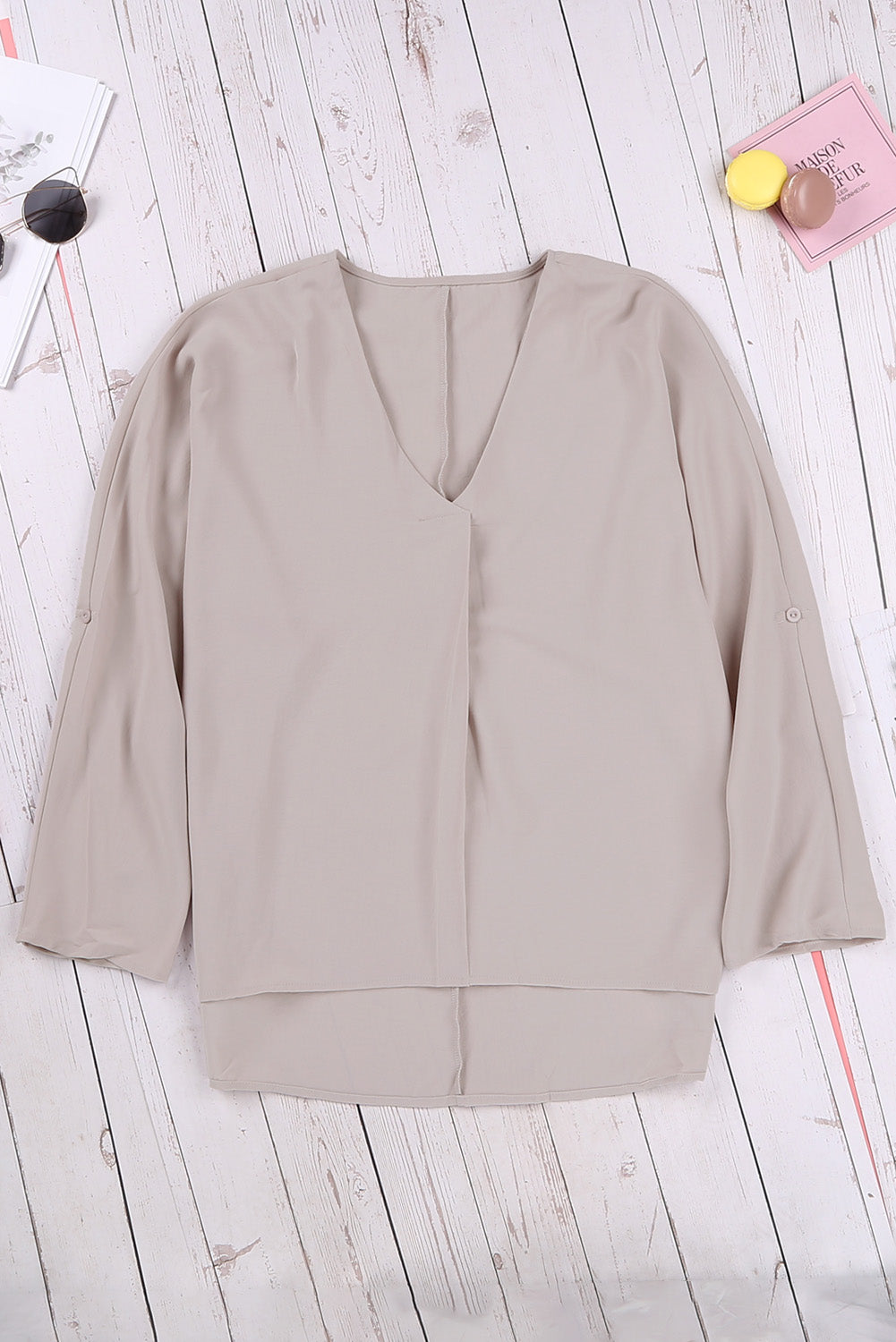 Apricot V Neck 3/4 Sleeve High Low Hem Shirt-yoyobikini