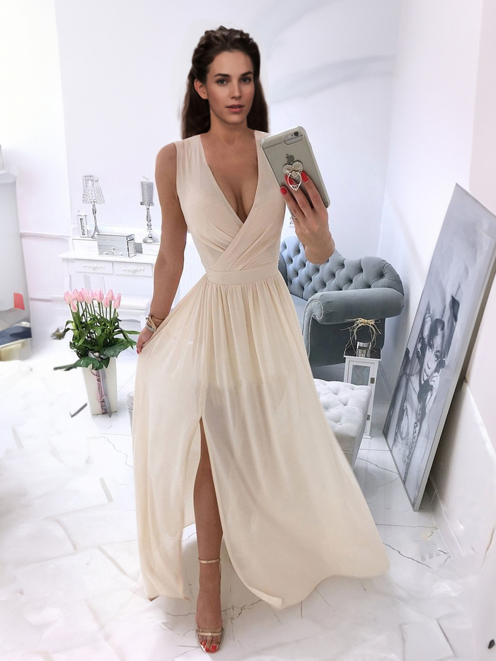 Party Dresses Burgundy V-Neck Sleeveless Long Semi Formal Dress