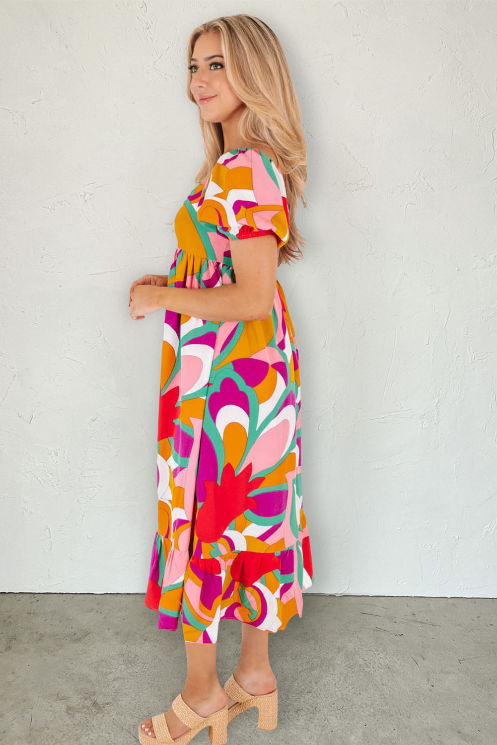 Red Abstract Print Square Neck Flowy Midi Dress-yoyobikini