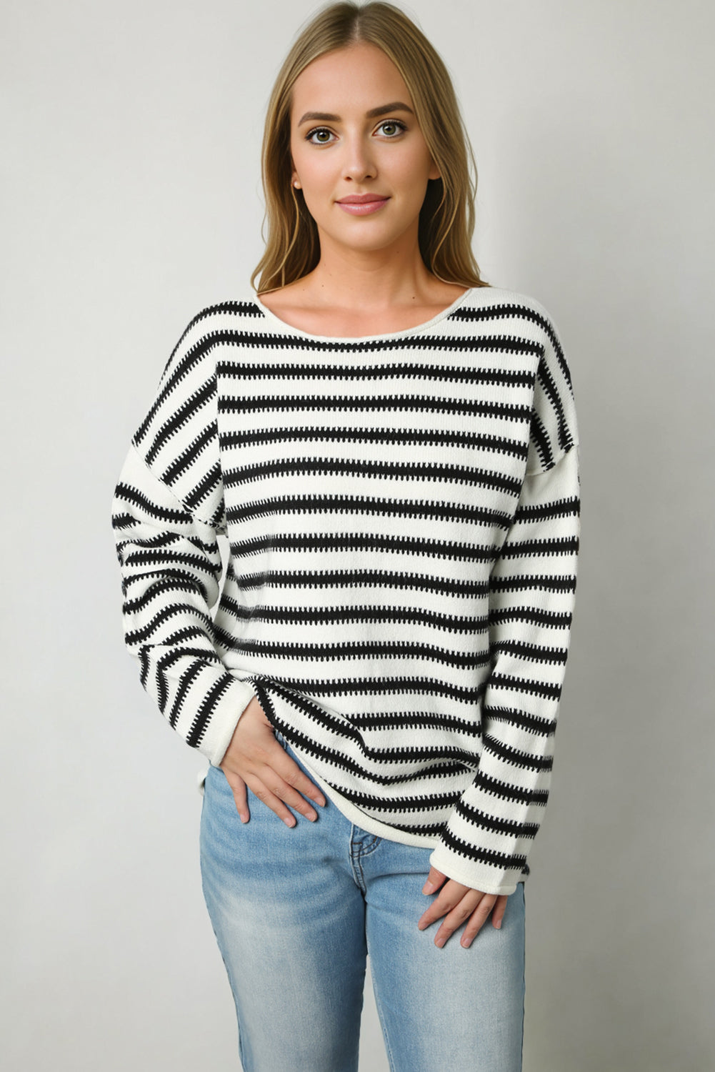 Black Striped Drop Shoulder Oversized Sweater-yoyobikini