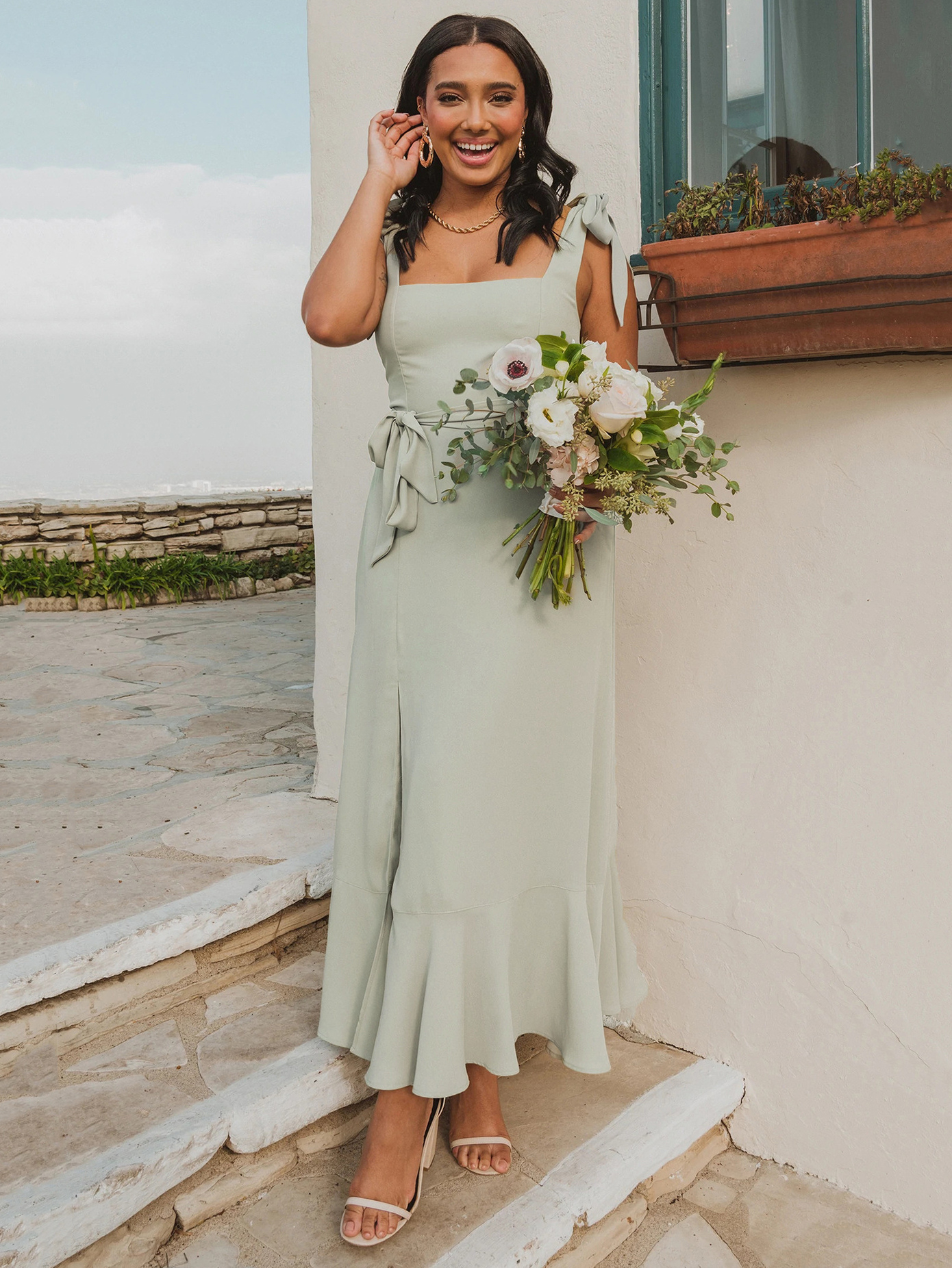 Birthday Midi Prom Dress Formal Square Collar Split Belted Pastel Green Bridesmaid Dress