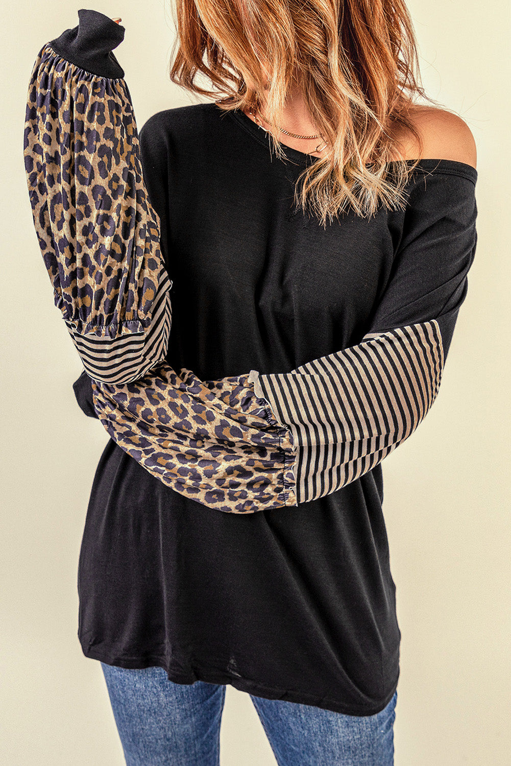 Black Leopard Striped Print Sleeve Colorblock Top-yoyobikini