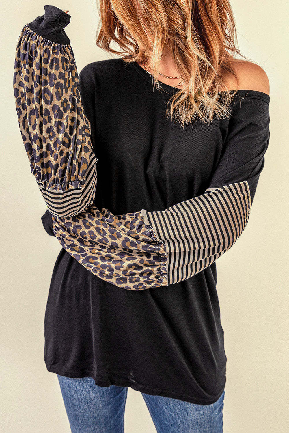 Black Leopard Striped Print Sleeve Colorblock Top-yoyobikini