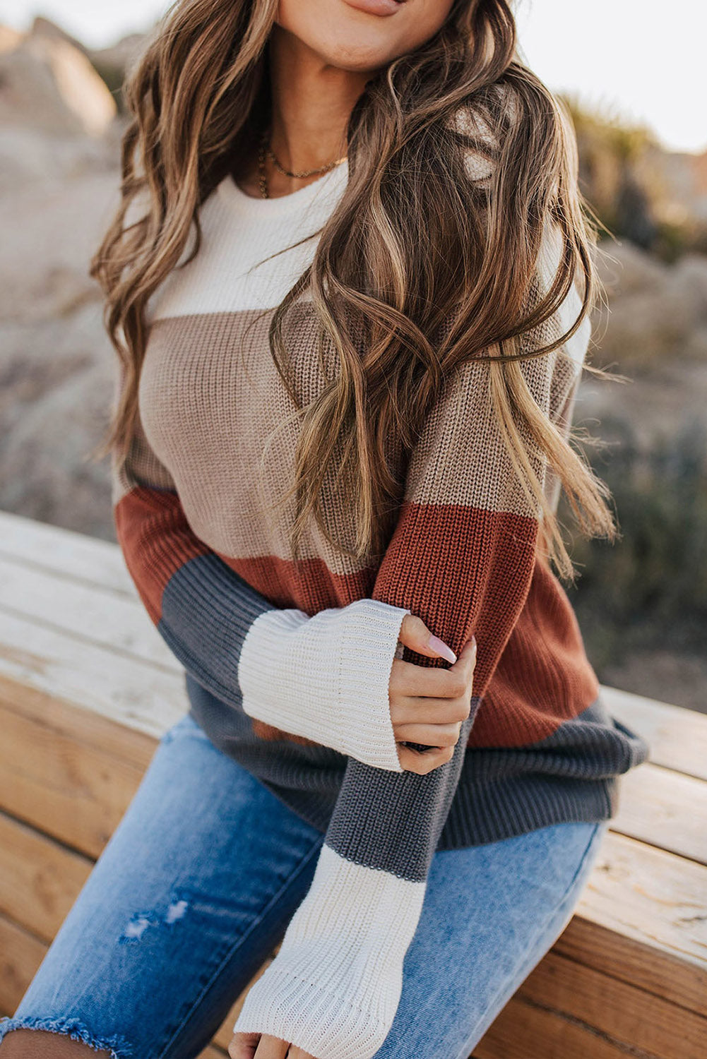 Color Block Knitted O-neck Pullover Sweater-yoyobikini
