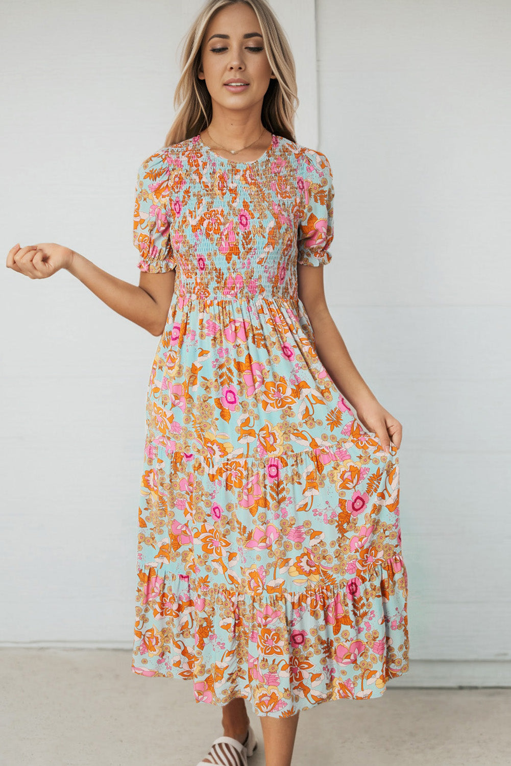 Sky Blue Floral Bubble Sleeve Smocked Flowy Ruffle Dress-yoyobikini
