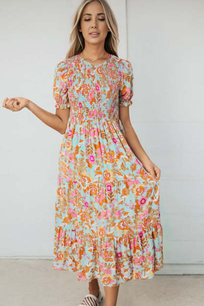 Sky Blue Floral Bubble Sleeve Smocked Flowy Ruffle Dress-yoyobikini
