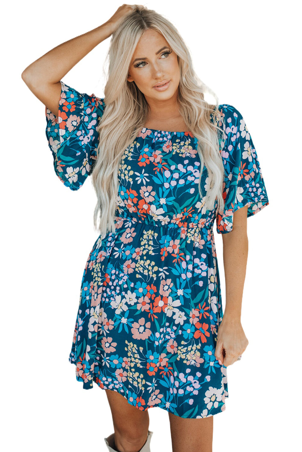 Blue Square Neck Ruffle Floral Dress-yoyobikini