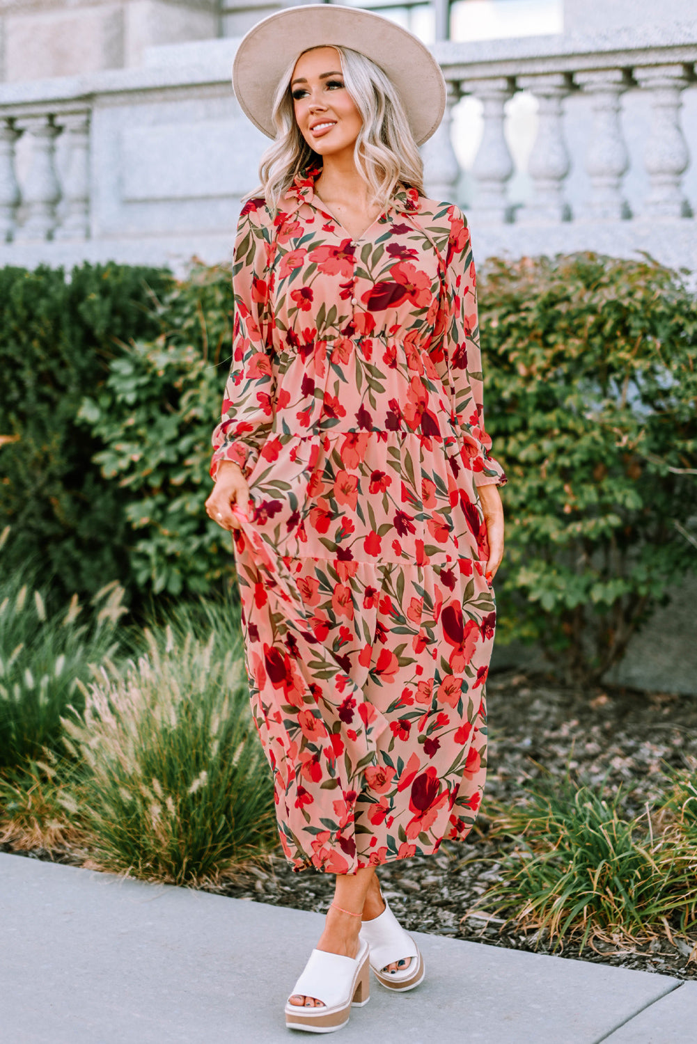 Red Frilled Collar Long Sleeve Tiered Maxi Floral Dress-yoyobikini