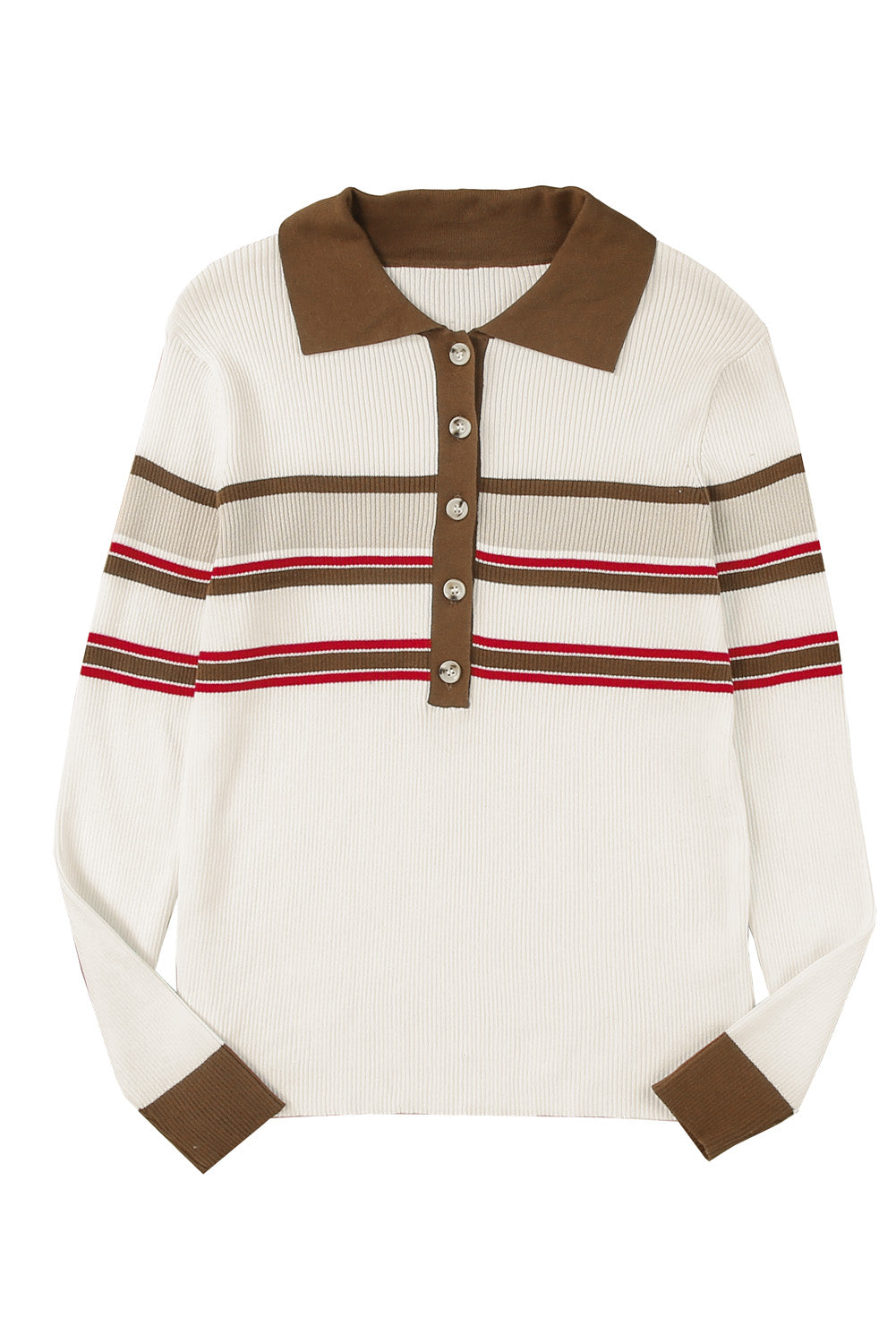 White Rib Knitted Stripe Detail Henley Sweater-yoyobikini