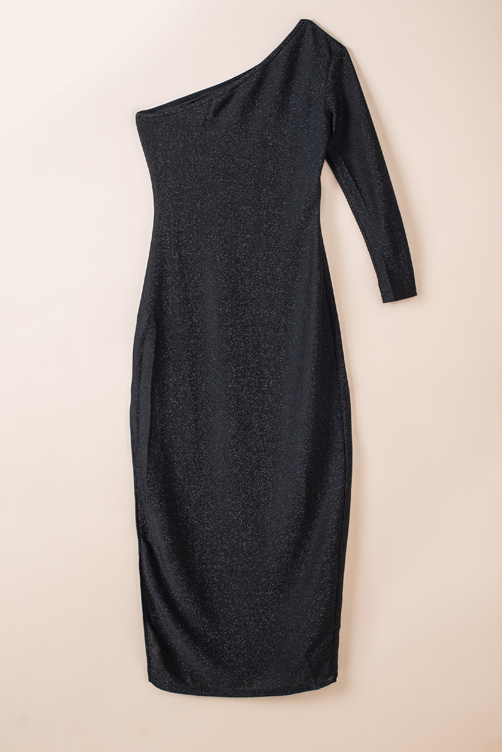 Black One-shoulder Glitter Metallic Asymmetric Long Dress-yoyobikini
