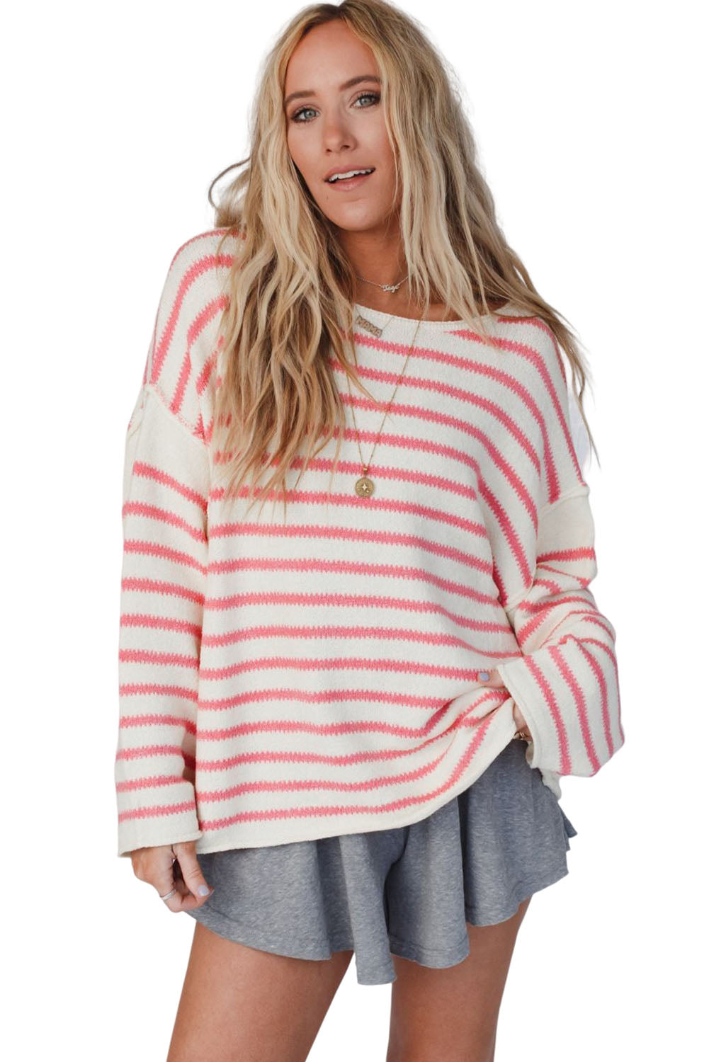 Pink Striped Drop Shoulder Oversized Sweater-yoyobikini