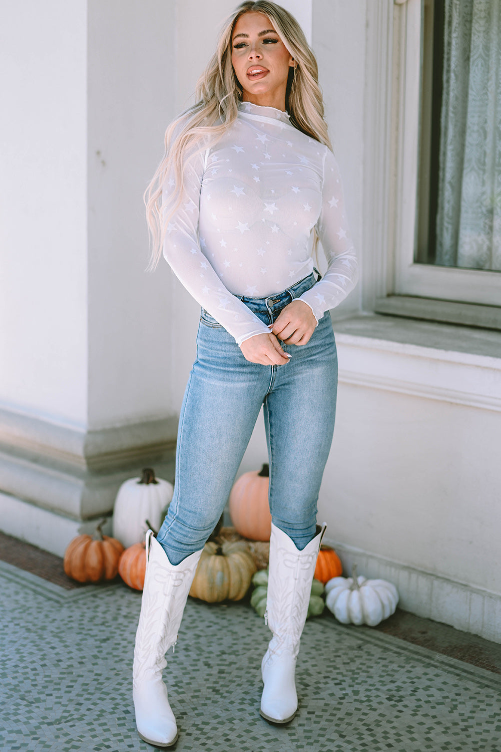 White Star Embellished Sheer Mesh Long Sleeve Top-yoyobikini