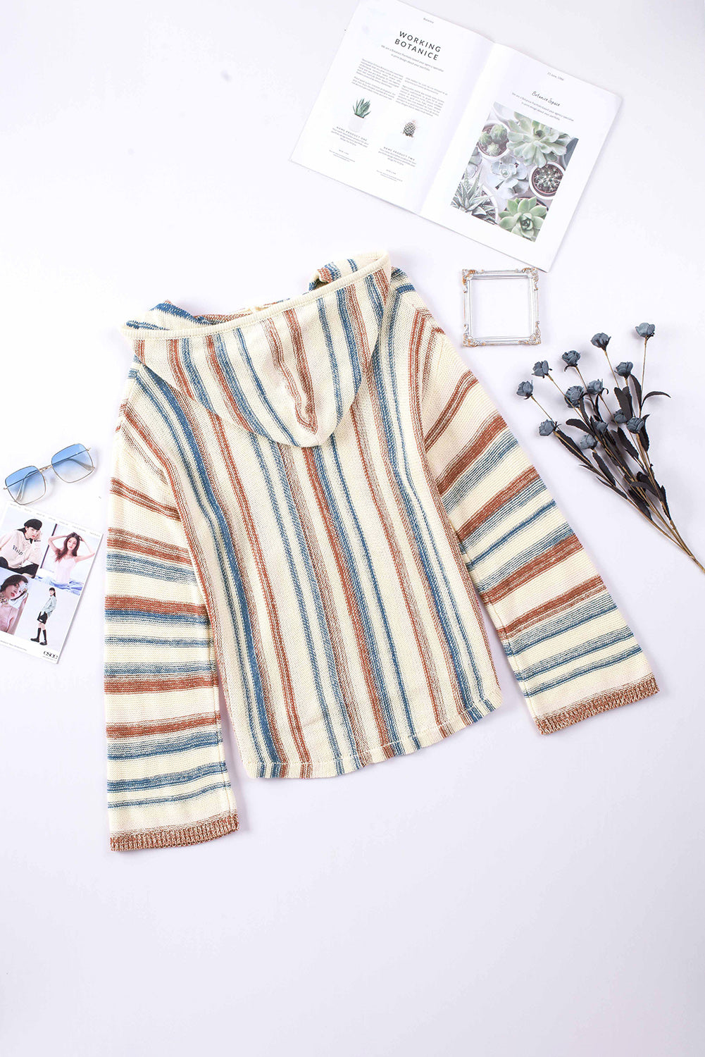 Multicolor Striped Knit Kangaroo Pocket Hooded Sweater-yoyobikini