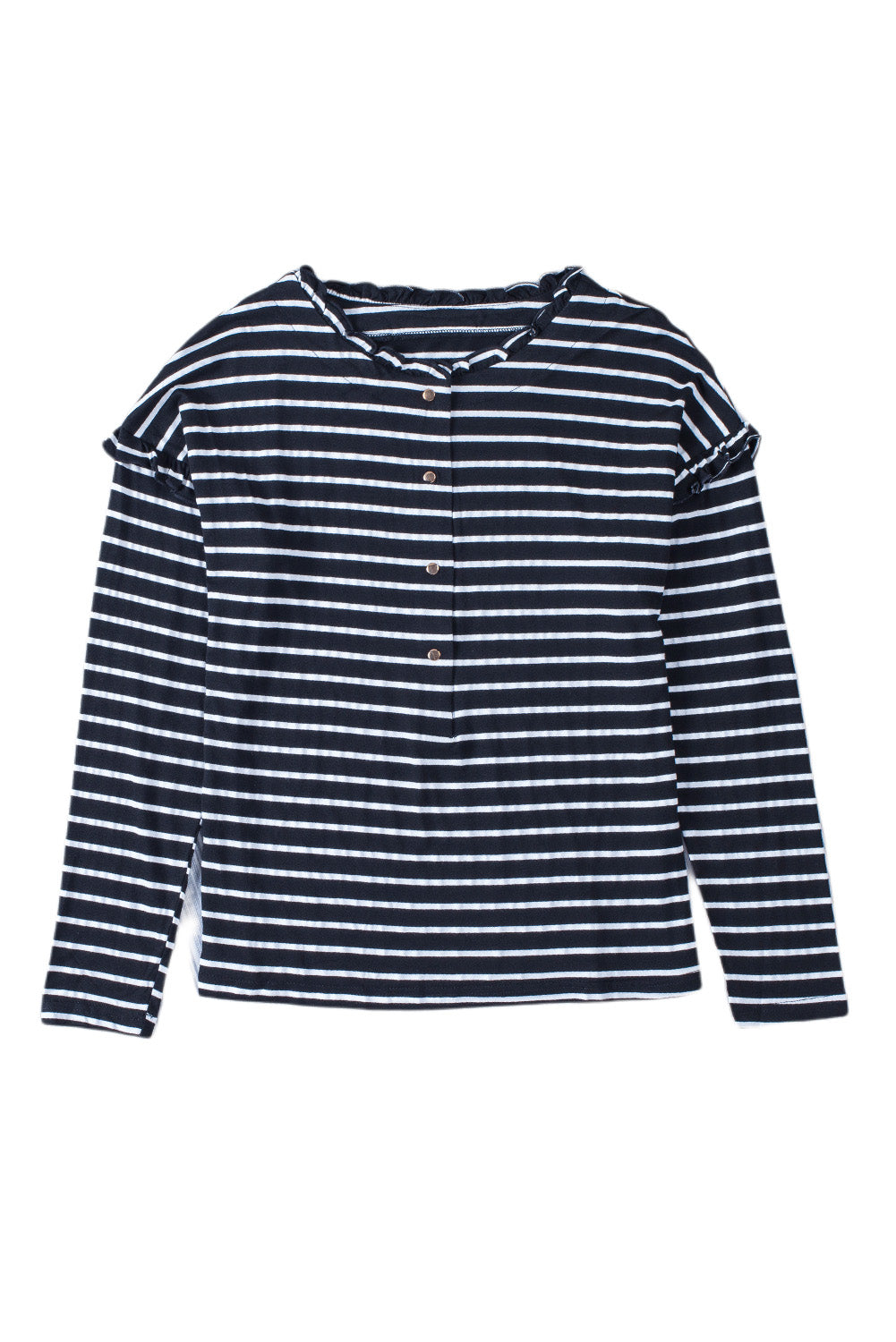 Black Striped Print Ruffled Buttoned Long Sleeve Top-yoyobikini