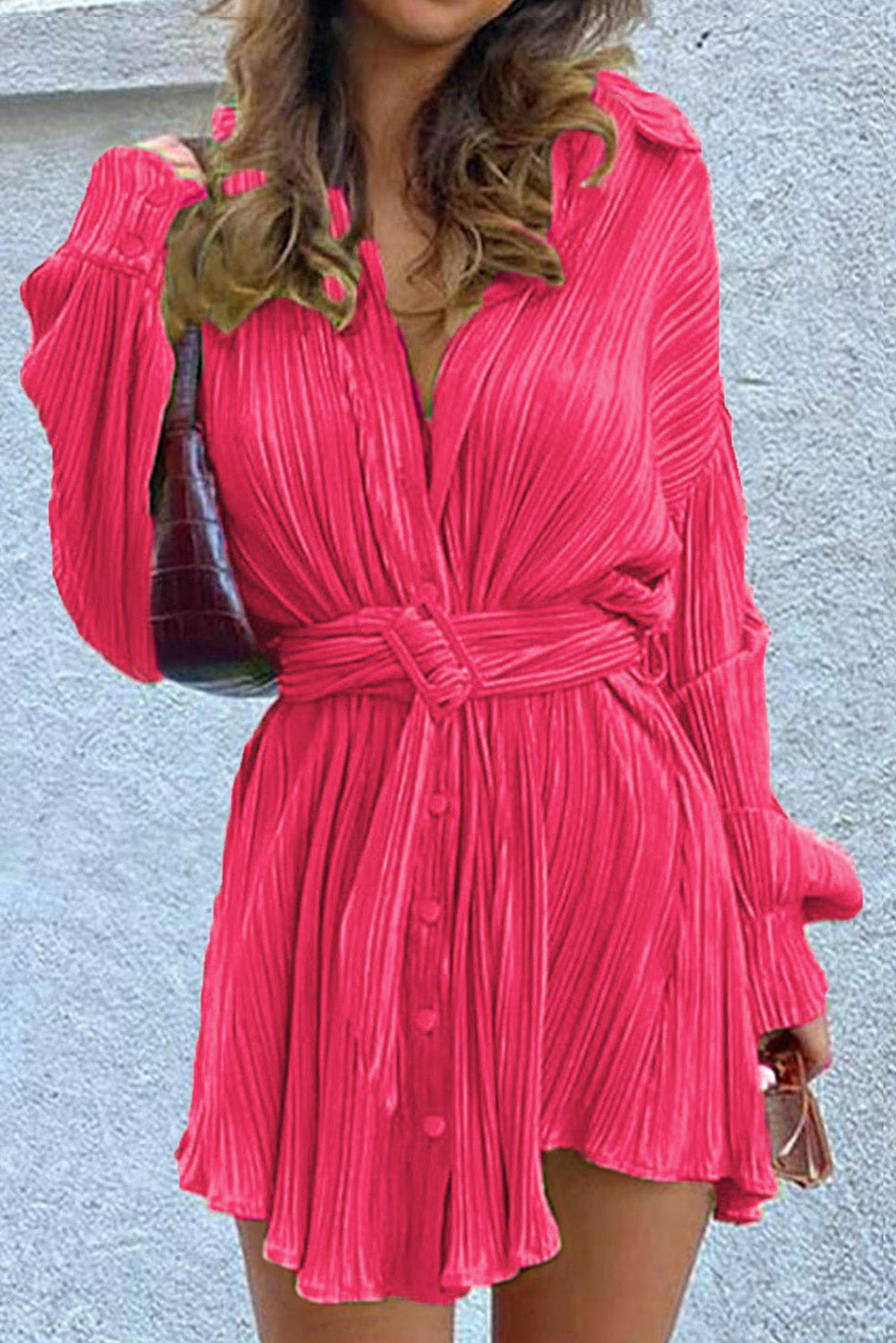 Rose Pleated Buckle Belt Drop Shoulder Shirt Mini Dress-yoyobikini