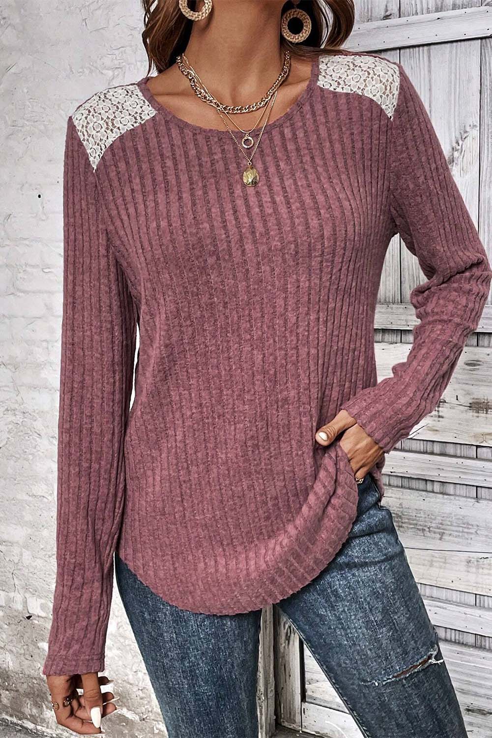 Pink Ribbed Knit Lace Patch Shoulder Casual Sweater-yoyobikini