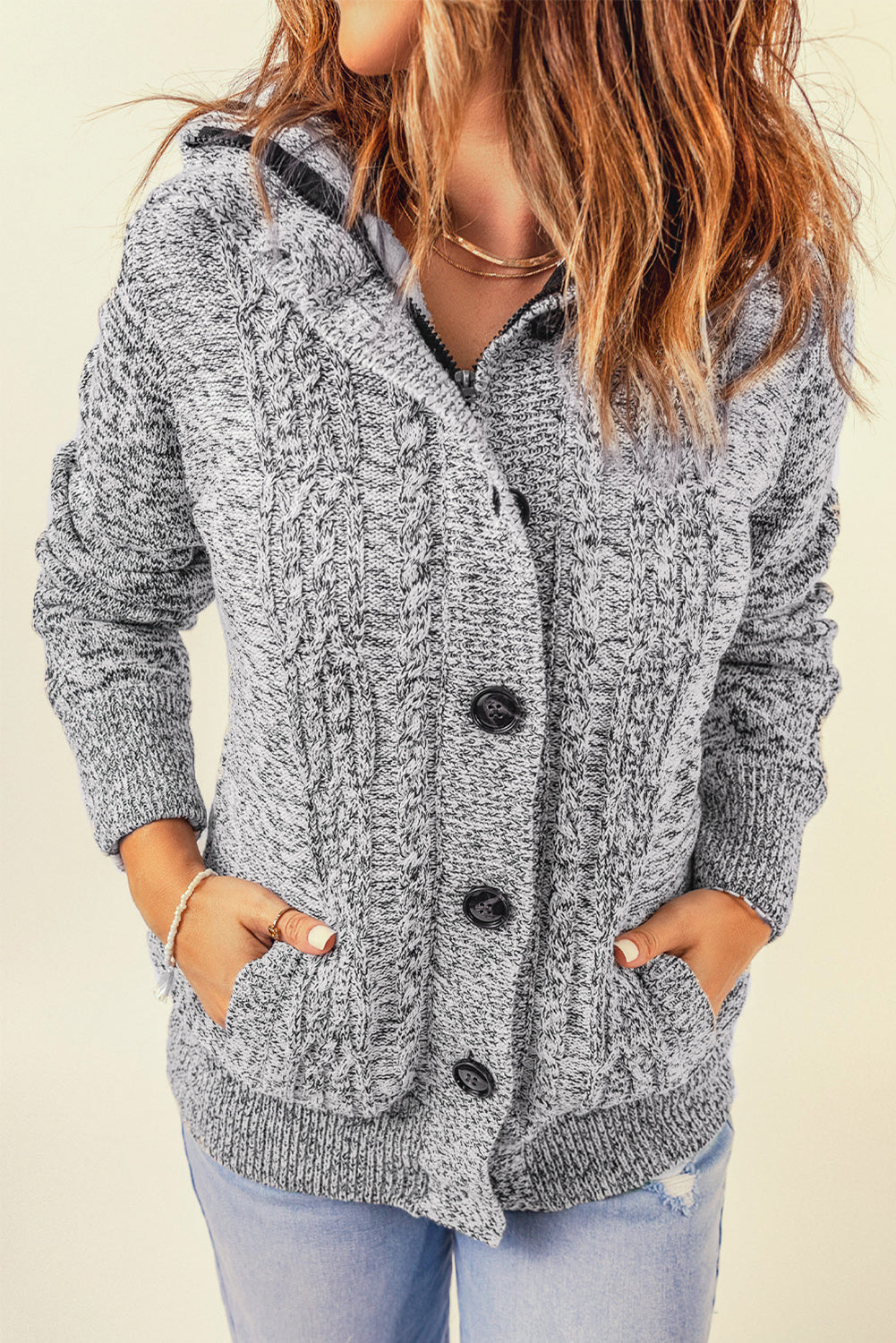 Dark Gray Long Sleeve Button-up Hooded Cardigans-yoyobikini