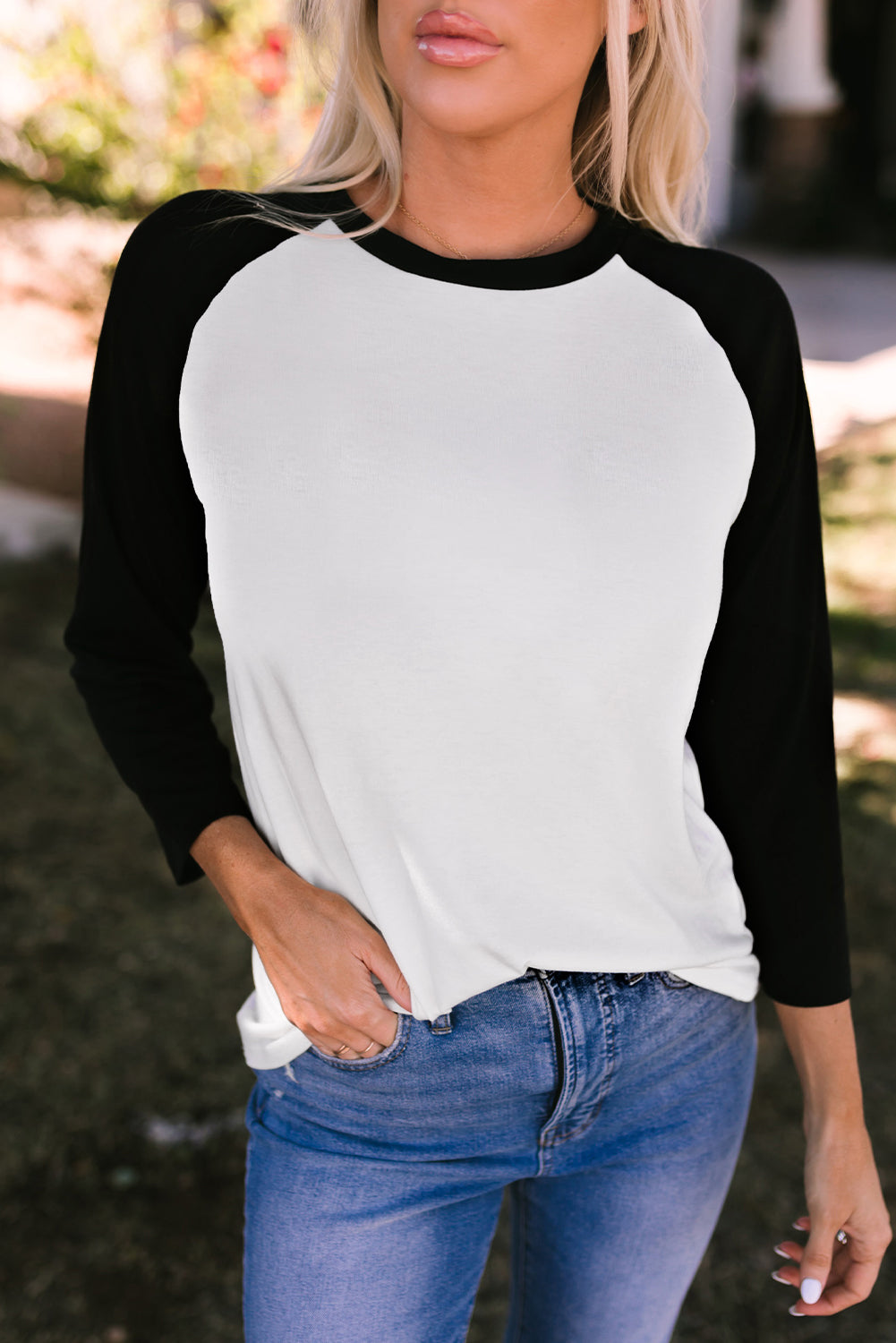 Black Color Block Raglan Sleeve Pullover Top-yoyobikini