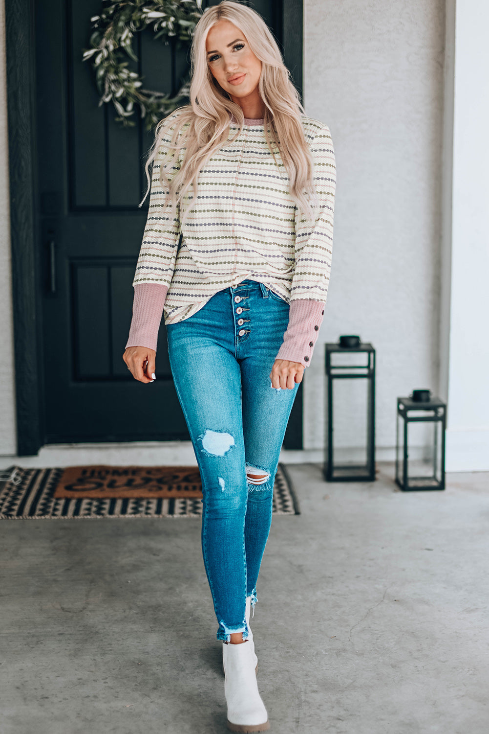 Waffle Knit Colorblock Buttoned Cuff Long Sleeve Blouse-yoyobikini