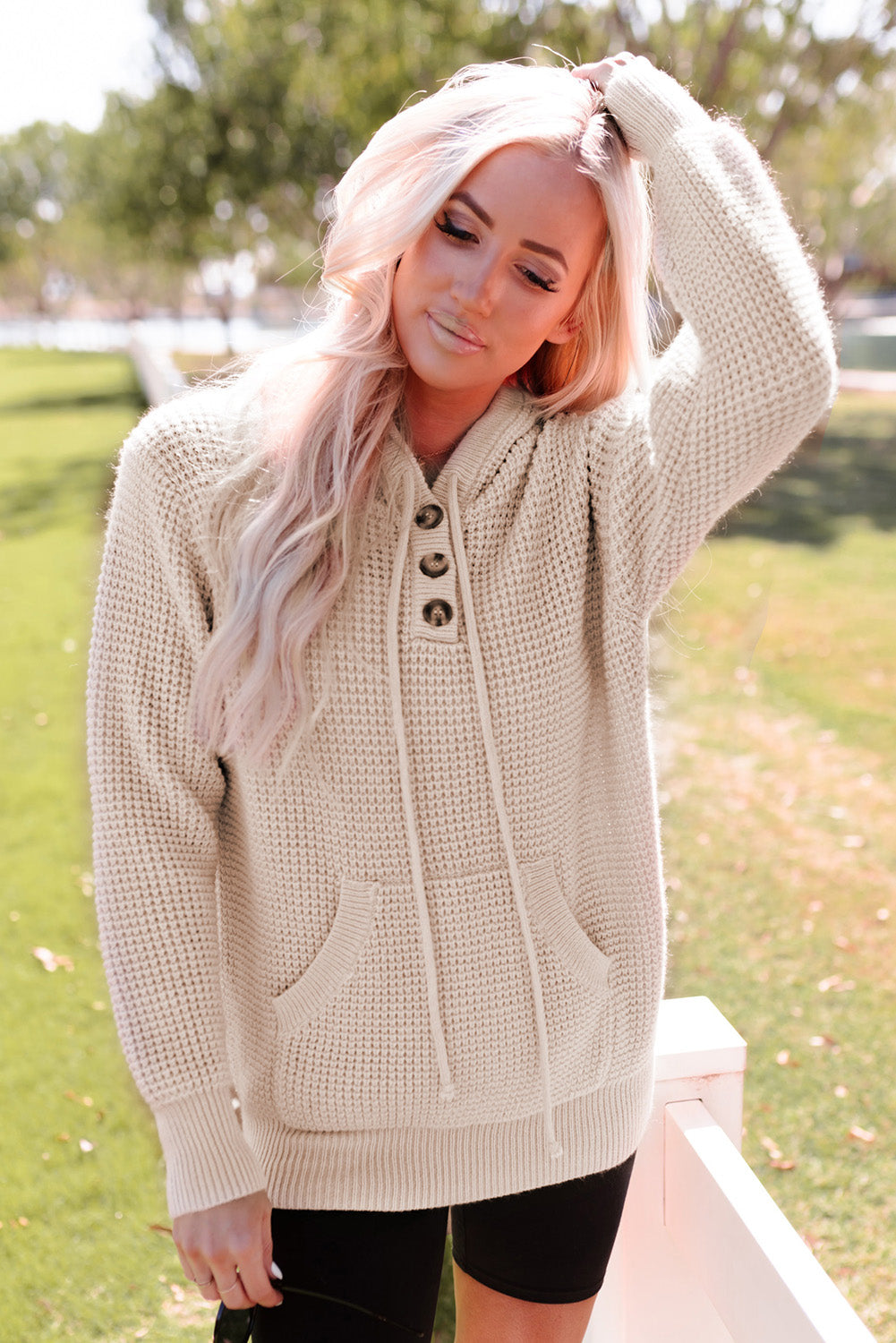 Apricot Waffle Knit Buttons Hooded Sweater with Pocket-yoyobikini