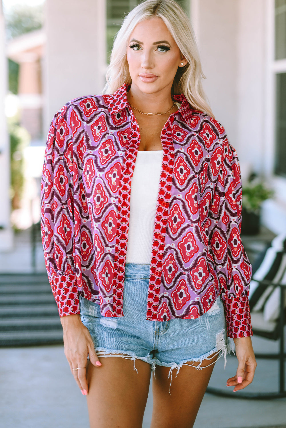 Rose Abstract Print Button Up Long Sleeve Shirt-yoyobikini