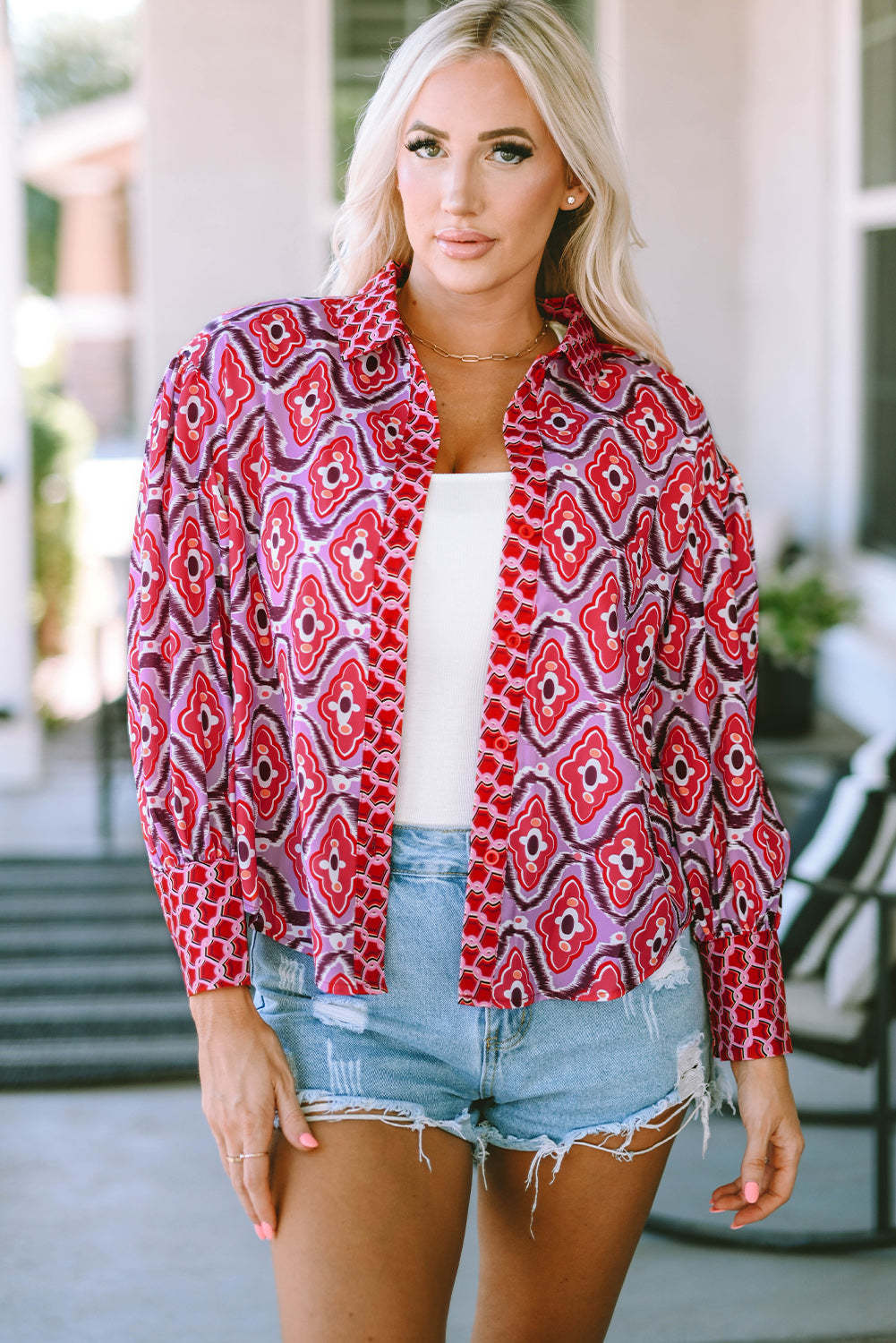 Rose Abstract Print Button Up Long Sleeve Shirt-yoyobikini