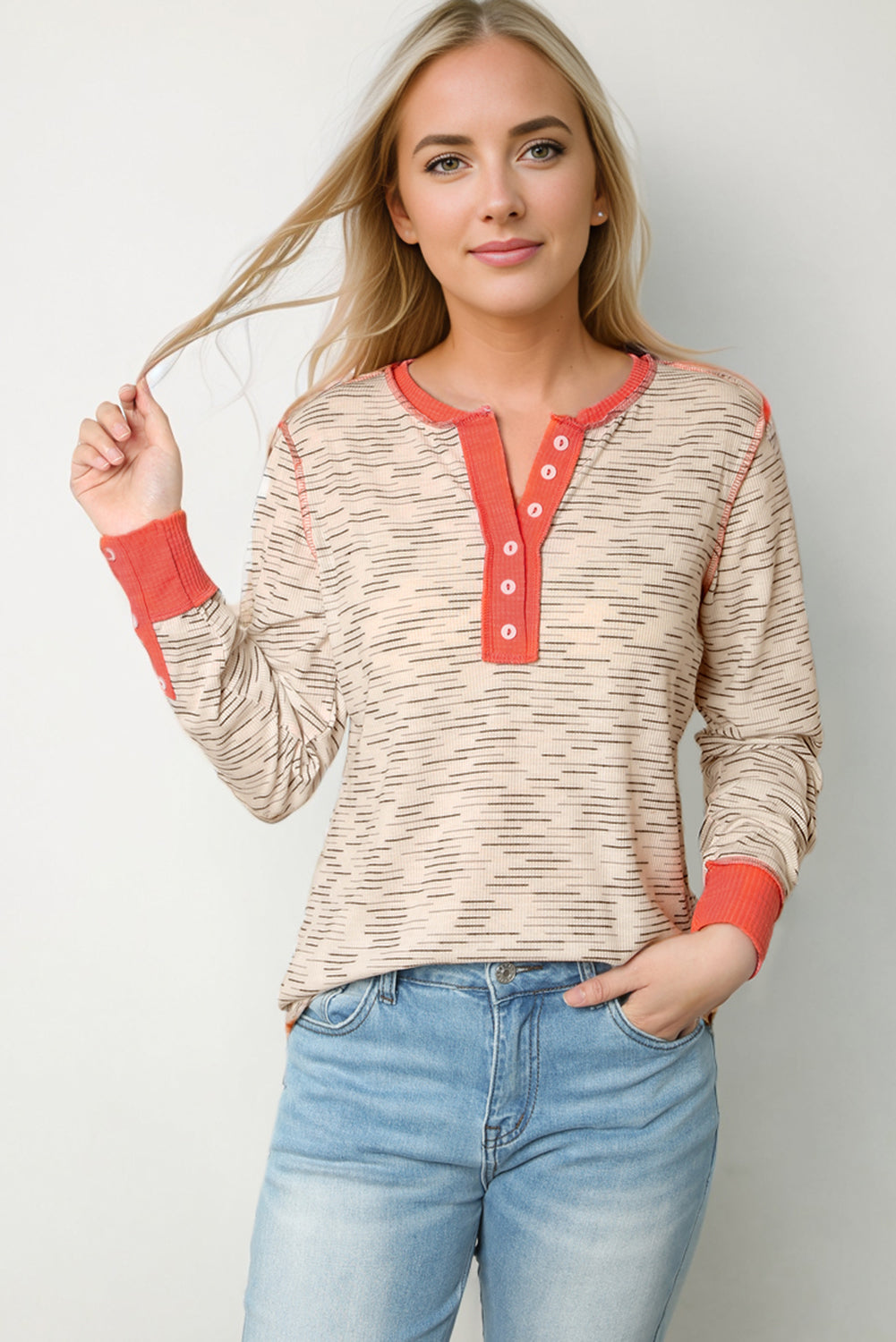 White Irregular Pin Stripe Colorblock Henley Top-yoyobikini