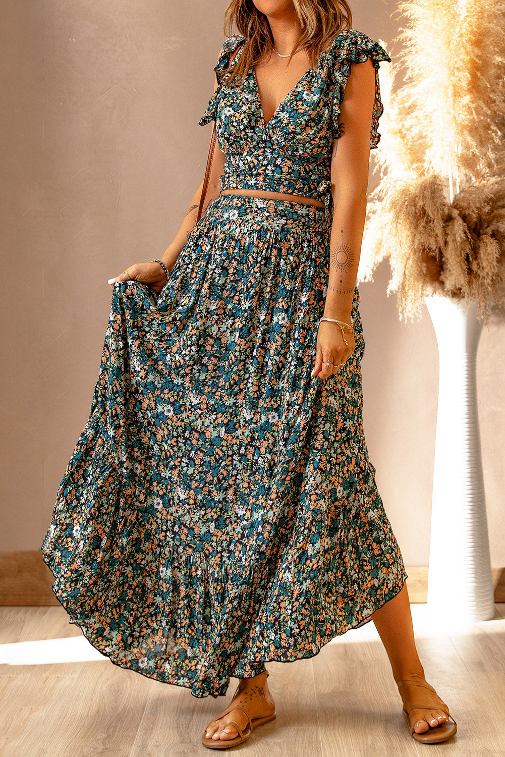 Multicolor Floral Ruffled Crop Top and Maxi Skirt Set-yoyobikini