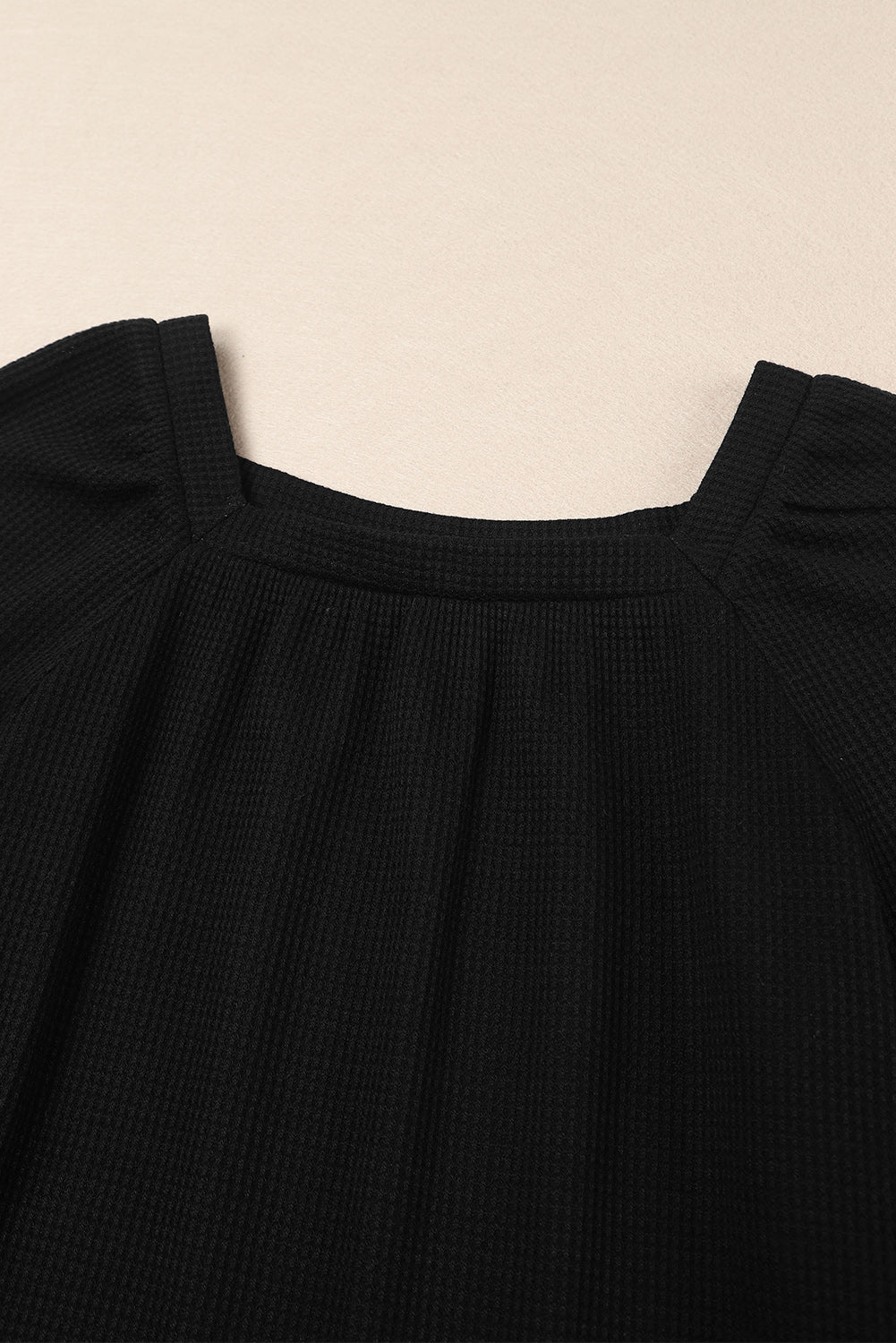 Black Scoop Neck Puff Sleeve Waffle Knit Top-yoyobikini