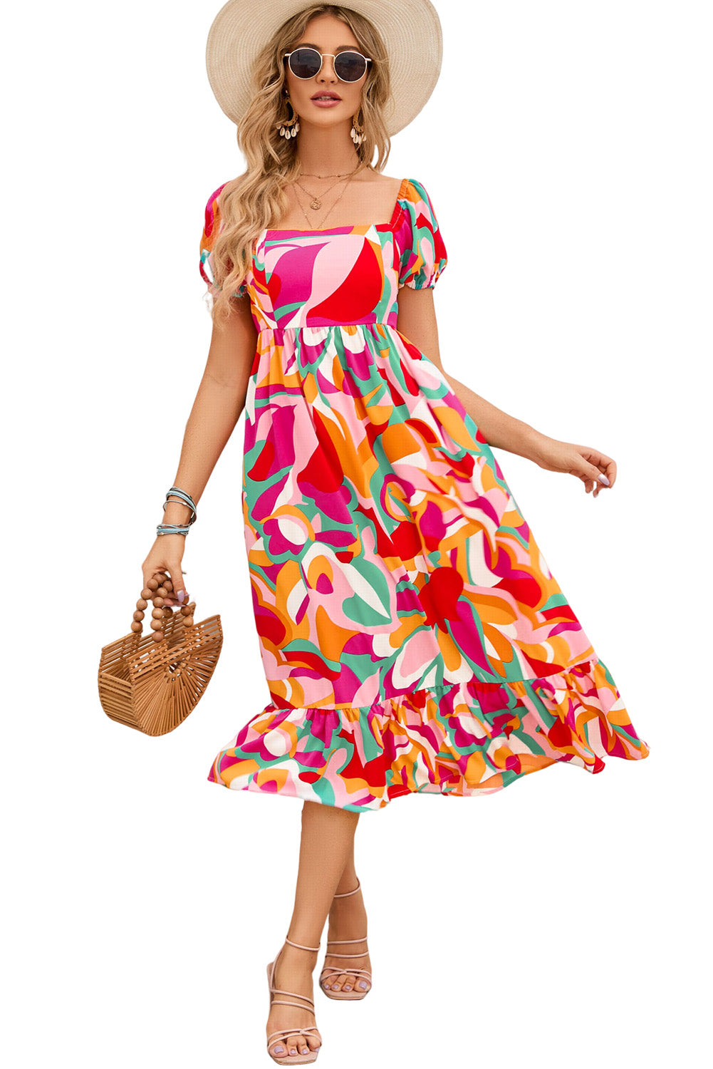 Red Abstract Print Square Neck Flowy Midi Dress-yoyobikini