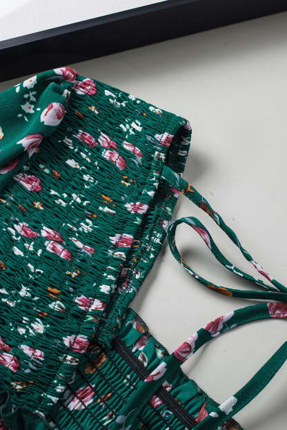 Floral Print Smocked Lace-up Square Neck Long Sleeve Top-yoyobikini