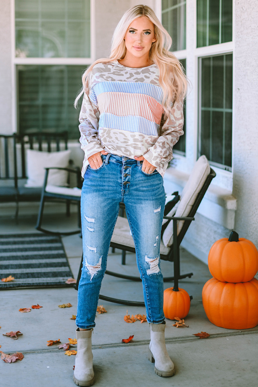Leopard Animal Print Contrast Stripes Patchwork Puff Sleeve Knit Top-yoyobikini