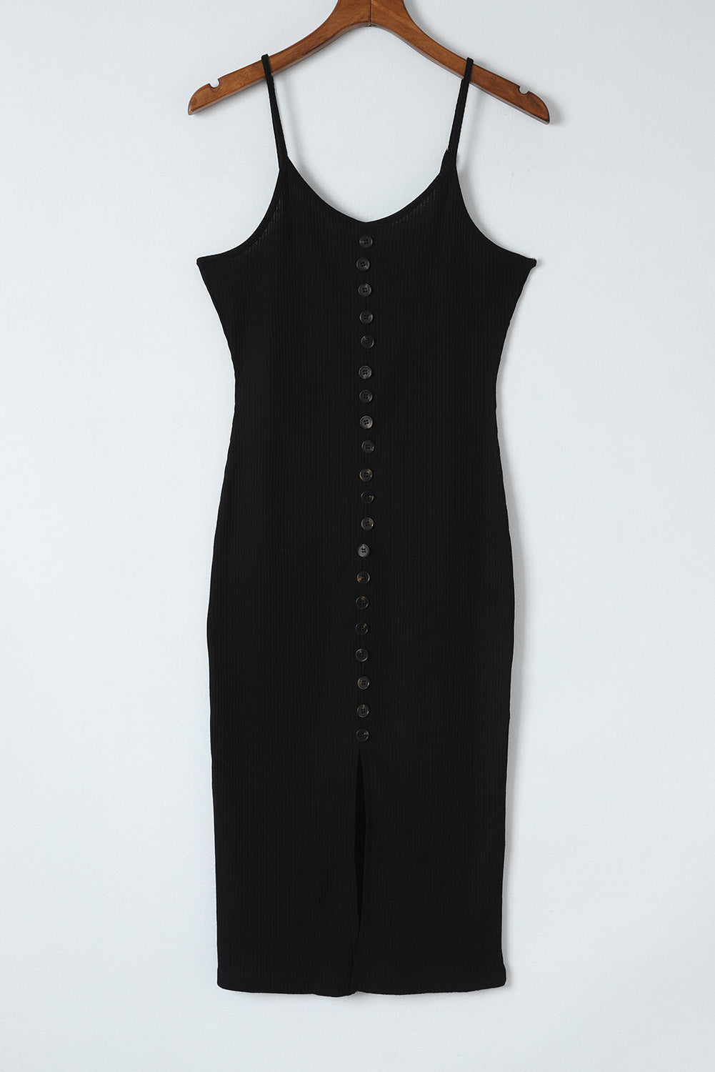 Black Buttoned Ribbed Knit Sleeveless Midi Bodycon Dress with Slit-yoyobikini