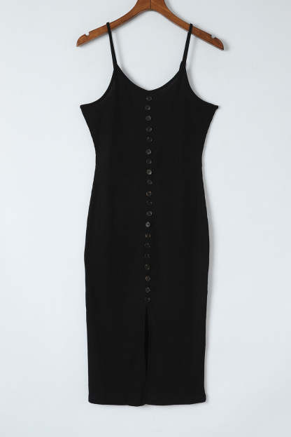 Black Buttoned Ribbed Knit Sleeveless Midi Bodycon Dress with Slit-yoyobikini