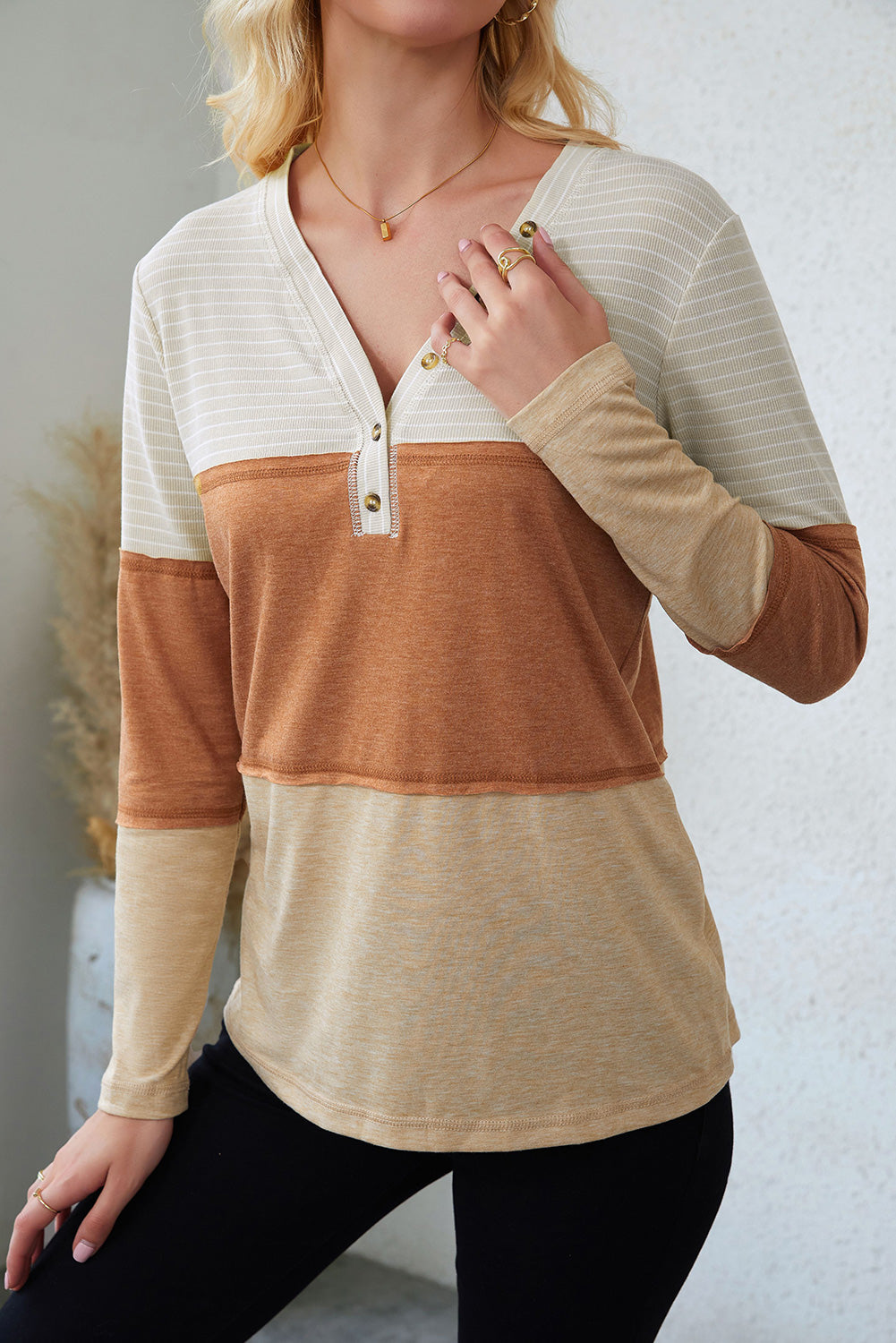 Orange Striped Color Block Henley Top-yoyobikini