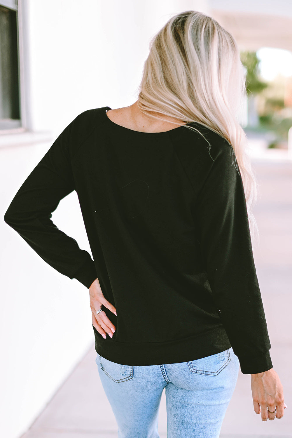 Black Solid Casual Round Neck Raglan Long Sleeve Tee-yoyobikini