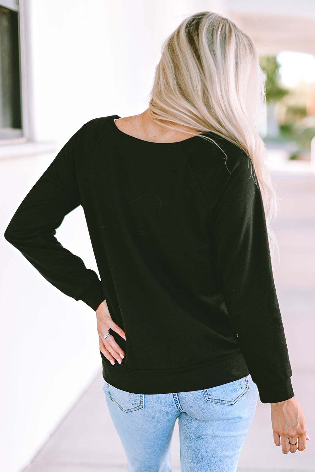 Black Solid Casual Round Neck Raglan Long Sleeve Tee-yoyobikini