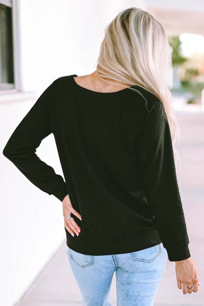 Black Solid Casual Round Neck Raglan Long Sleeve Tee-yoyobikini