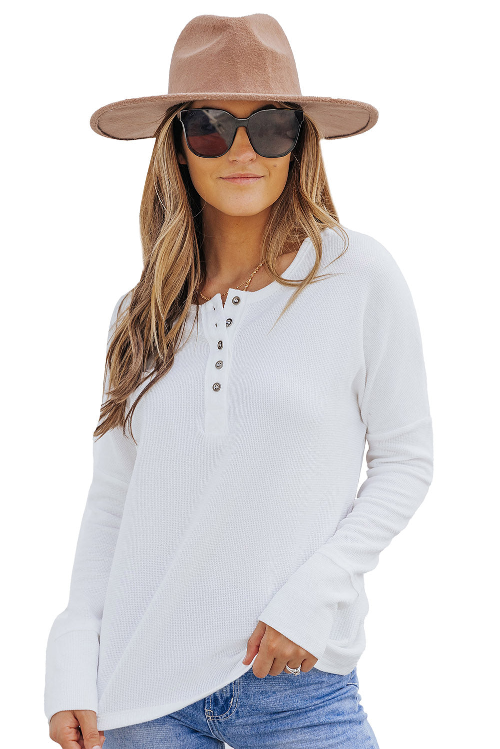White Waffle Knit Henley Top-yoyobikini
