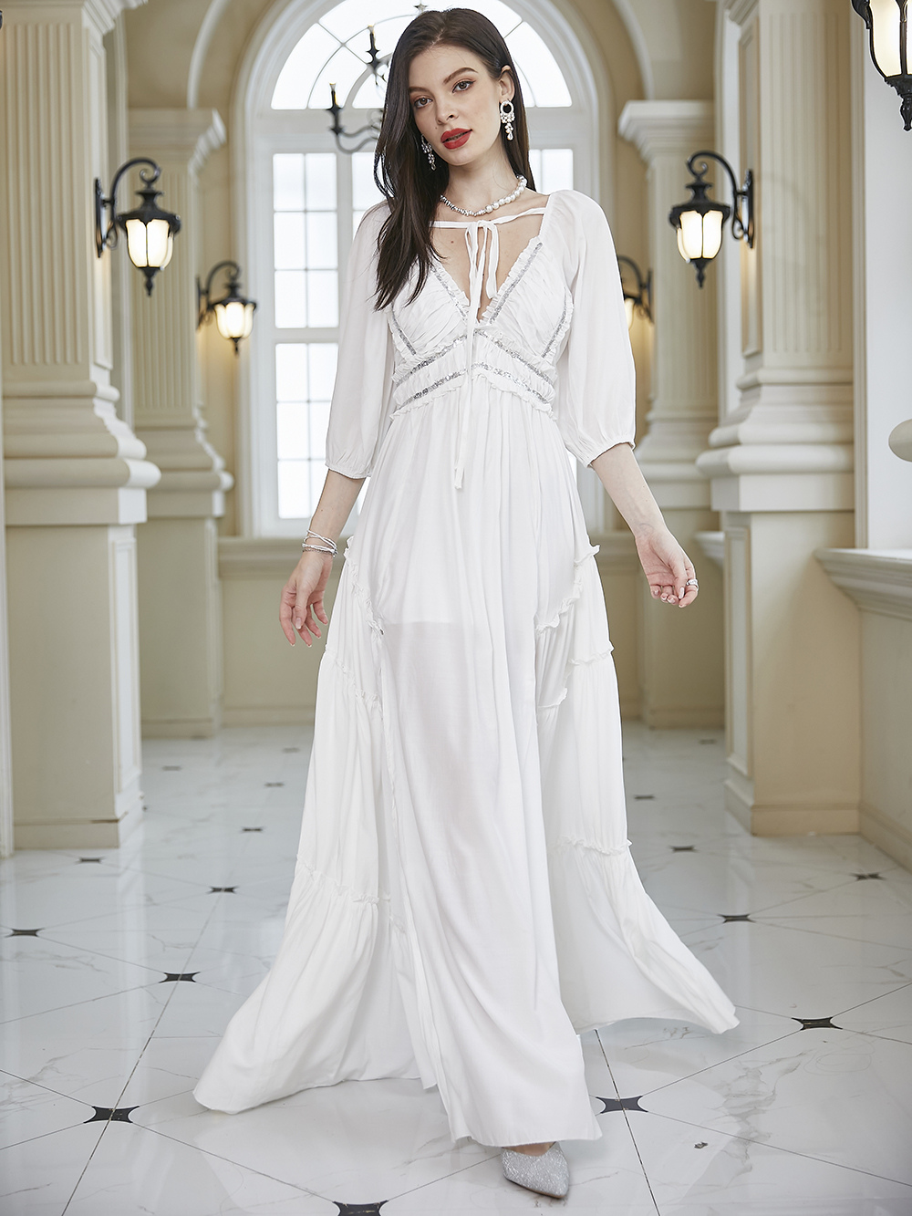 Party Dress V-Neck 3/4 Length Sleeves Backless Pleated Maxi Dress