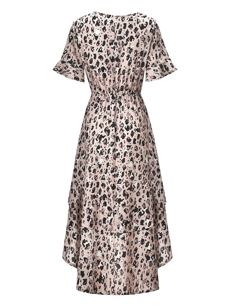 Leopard Summer Plunging Maxi Dress Short Sleeve Knotted Ruffles Layered Long Dress