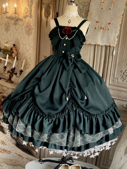 Victorian Classical Lolita JSK Dress Women Elegant Sweet Palace Queen Party Dresses Ink Green Ruffles Bows Sleeveless Polyester Lolita Girly Gothic Slip Dress