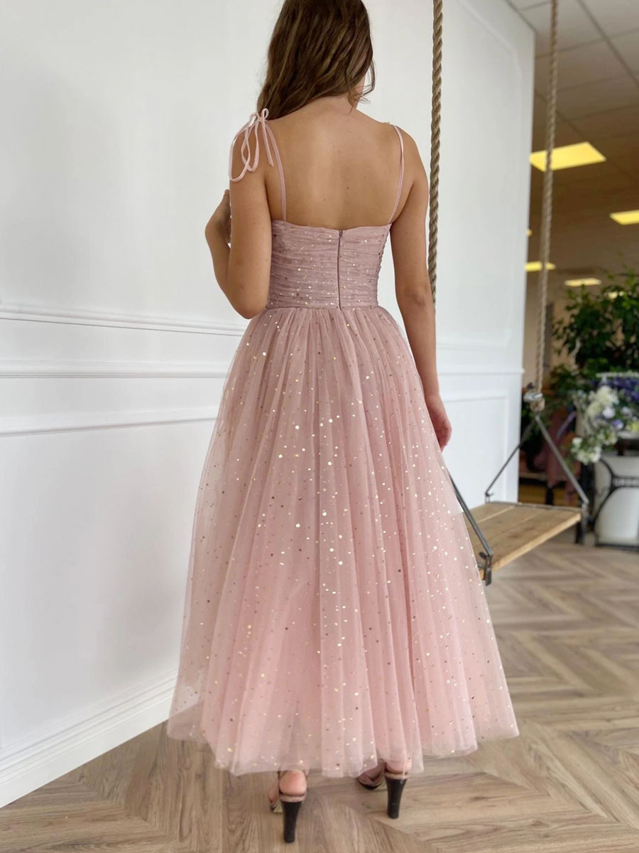 Birthday Party Dresses Pink Straps Neck Sequins Sleeveless Backless Semi Formal Dress