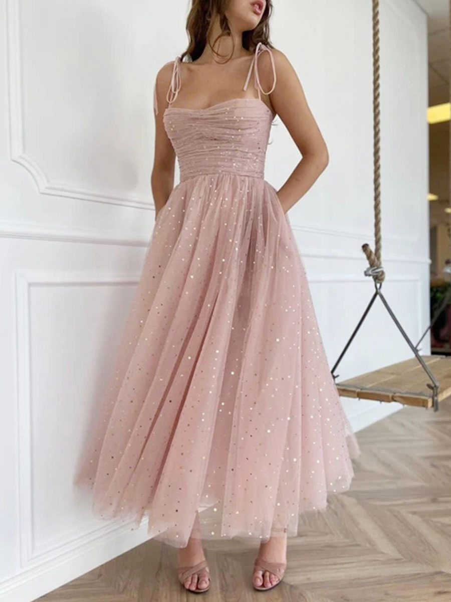 Birthday Party Dresses Pink Straps Neck Sequins Sleeveless Backless Se